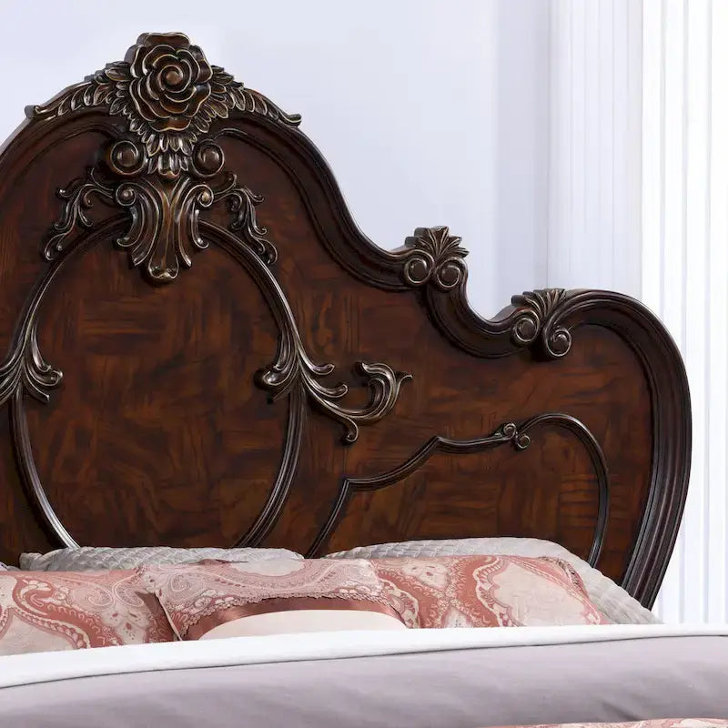 Juego de cama con dosel tradicional y 2 mesitas de noche – Blanco / Cerezo oscuro – King / Queen