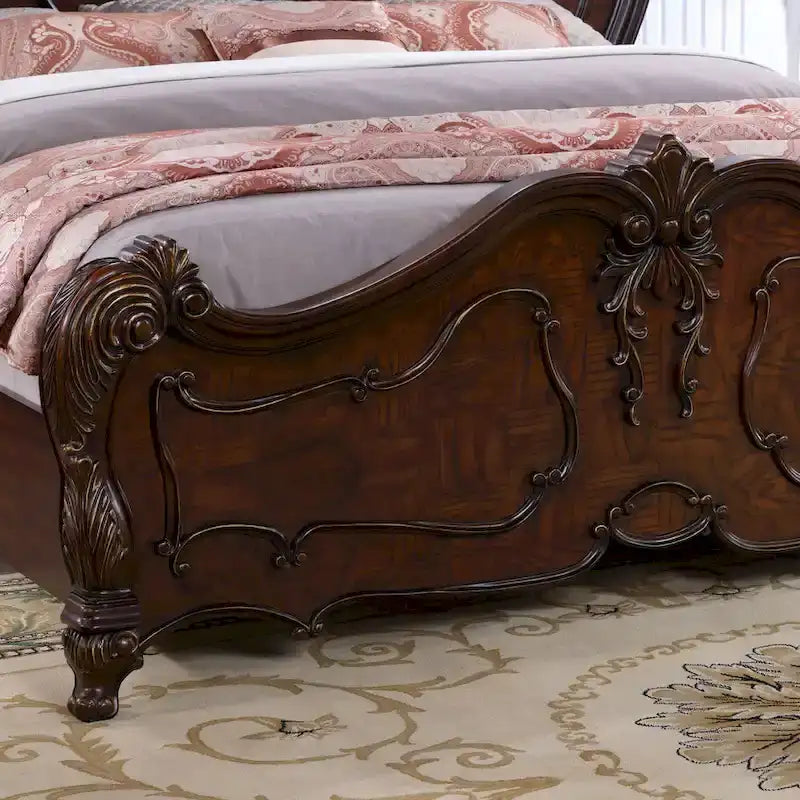 Juego de cama con dosel tradicional y 2 mesitas de noche – Blanco / Cerezo oscuro – King / Queen