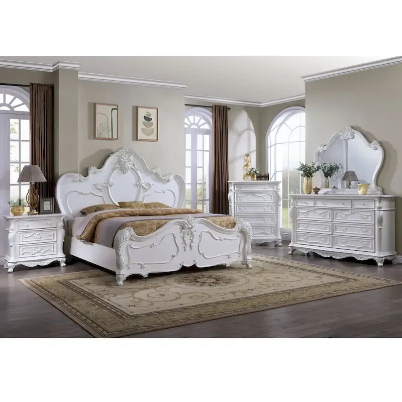 Juego de cama con dosel tradicional y 2 mesitas de noche – Blanco / Cerezo oscuro – King / Queen