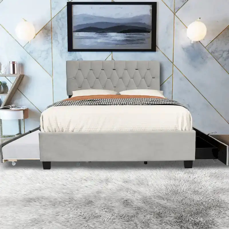 Cama de plataforma tapizada Queen, capitoné dorado, gris/beige, con cama nido y almacenamiento, 2 personas