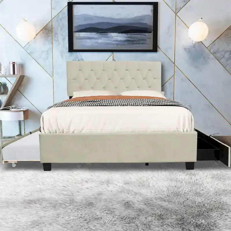 Cama de plataforma tapizada Queen, capitoné dorado, gris/beige, con cama nido y almacenamiento, 2 personas