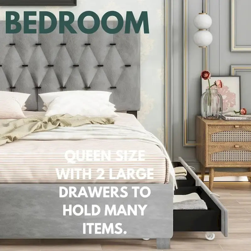 Cama de plataforma tapizada Queen, capitoné dorado, gris/beige, con cama nido y almacenamiento, 2 personas