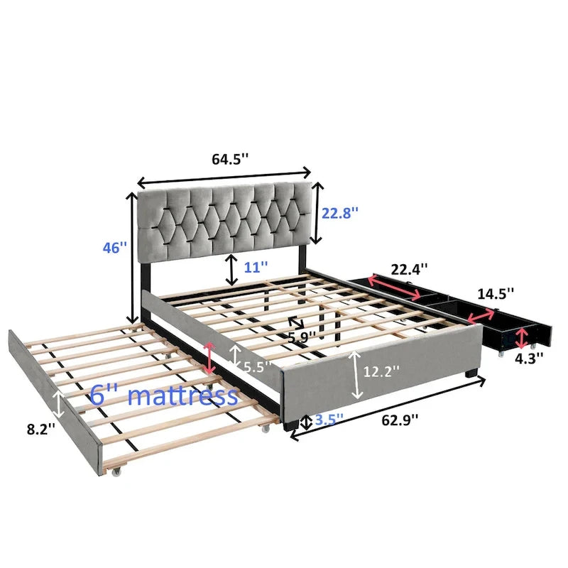 Cama de plataforma tapizada Queen, capitoné dorado, gris/beige, con cama nido y almacenamiento, 2 personas