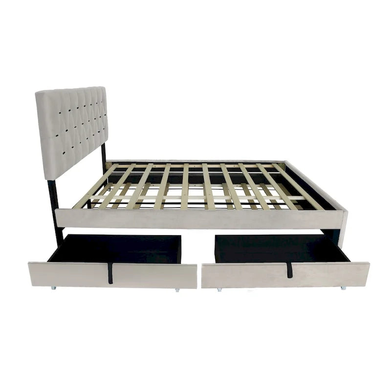 Cama de plataforma tapizada Queen, capitoné dorado, gris/beige, con cama nido y almacenamiento, 2 personas