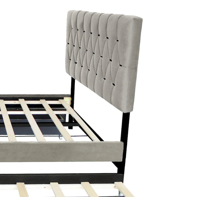 Cama de plataforma tapizada Queen, capitoné dorado, gris/beige, con cama nido y almacenamiento, 2 personas