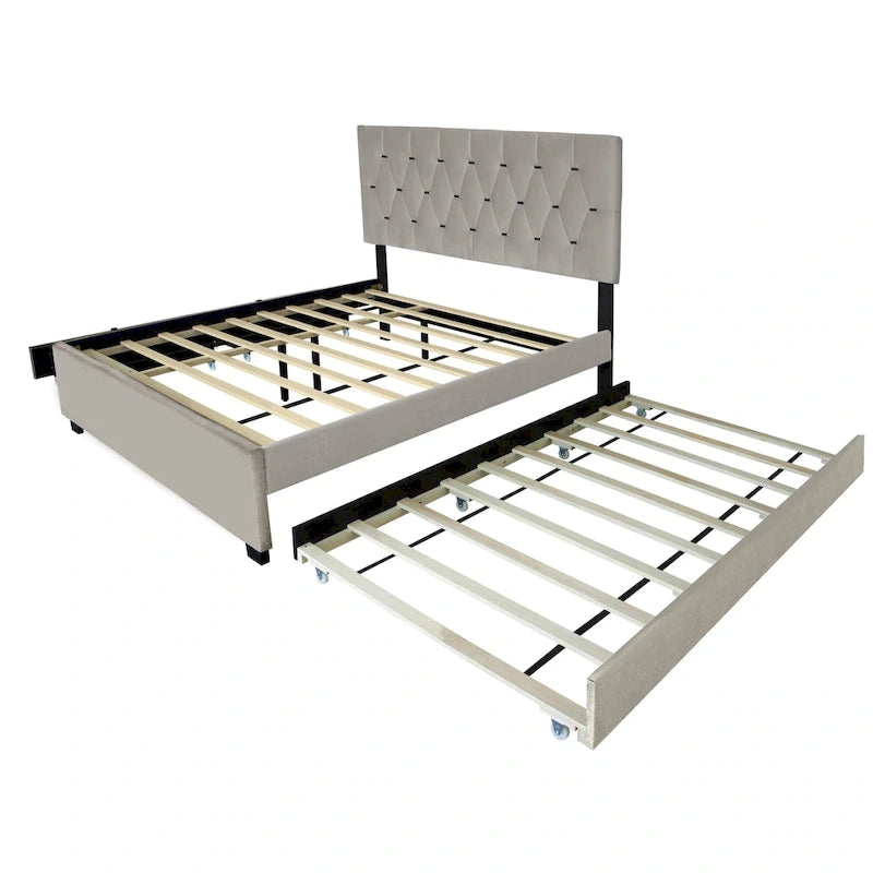 Cama de plataforma tapizada Queen, capitoné dorado, gris/beige, con cama nido y almacenamiento, 2 personas