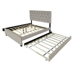 Cama de plataforma tapizada Queen, capitoné dorado, gris/beige, con cama nido y almacenamiento, 2 personas