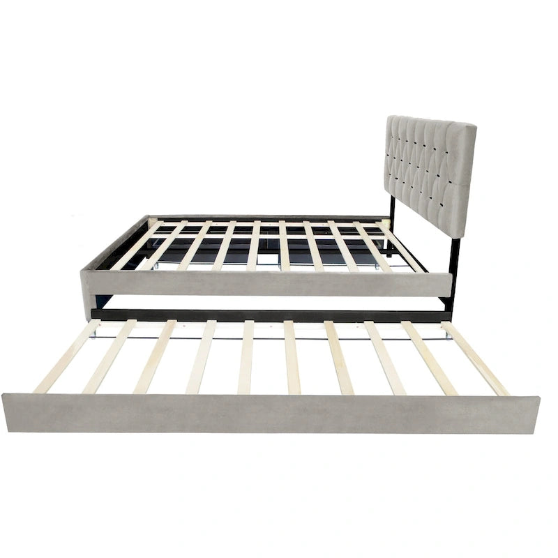 Cama de plataforma tapizada Queen, capitoné dorado, gris/beige, con cama nido y almacenamiento, 2 personas