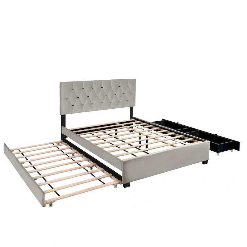 Cama de plataforma tapizada Queen, capitoné dorado, gris/beige, con cama nido y almacenamiento, 2 personas