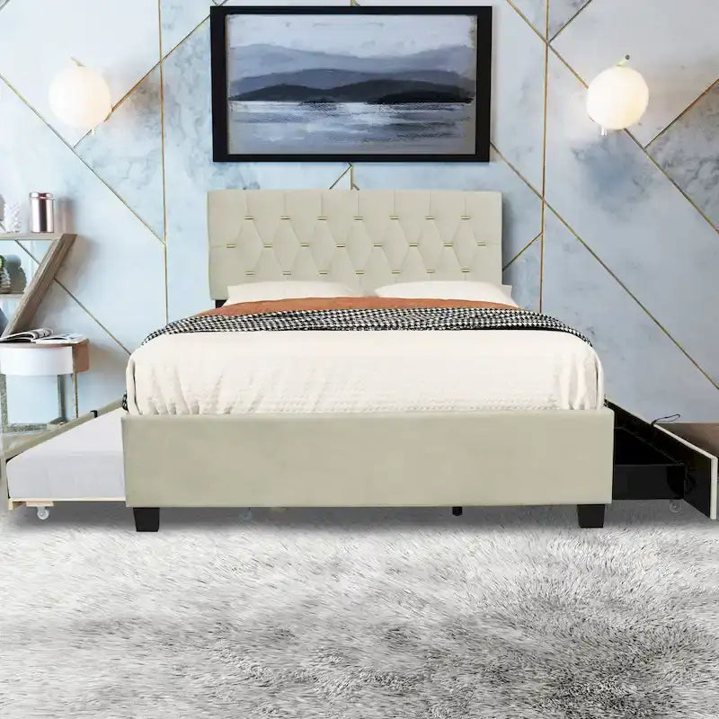 Cama de plataforma tapizada Queen, capitoné dorado, gris/beige, con cama nido y almacenamiento, 2 personas