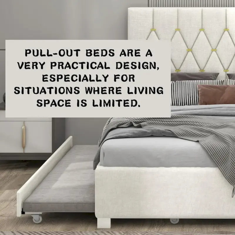 Cama de plataforma tapizada Queen, capitoné dorado, gris/beige, con cama nido y almacenamiento, 2 personas