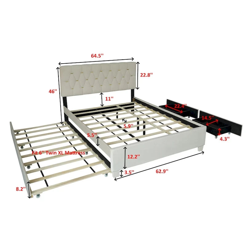 Cama de plataforma tapizada Queen, capitoné dorado, gris/beige, con cama nido y almacenamiento, 2 personas