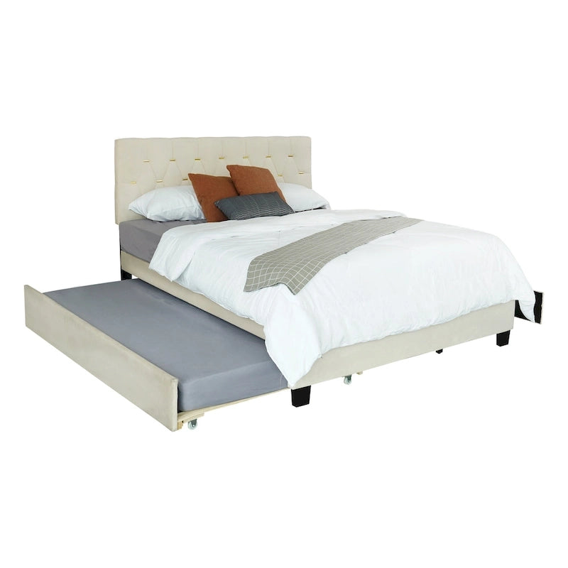 Cama de plataforma tapizada Queen, capitoné dorado, gris/beige, con cama nido y almacenamiento, 2 personas