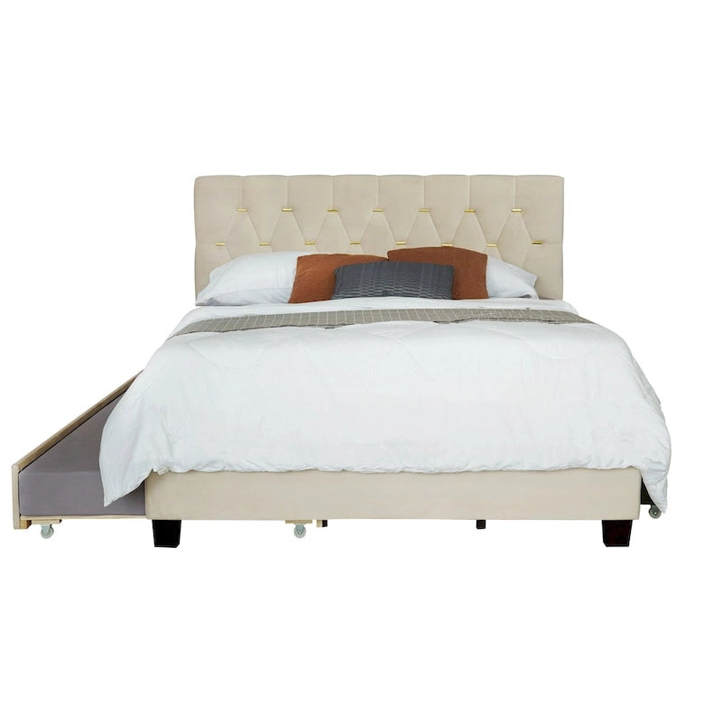 Cama de plataforma tapizada Queen, capitoné dorado, gris/beige, con cama nido y almacenamiento, 2 personas
