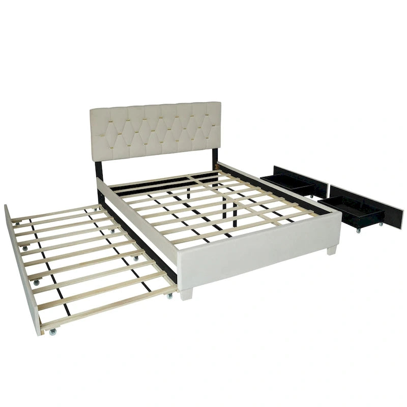 Cama de plataforma tapizada Queen, capitoné dorado, gris/beige, con cama nido y almacenamiento, 2 personas