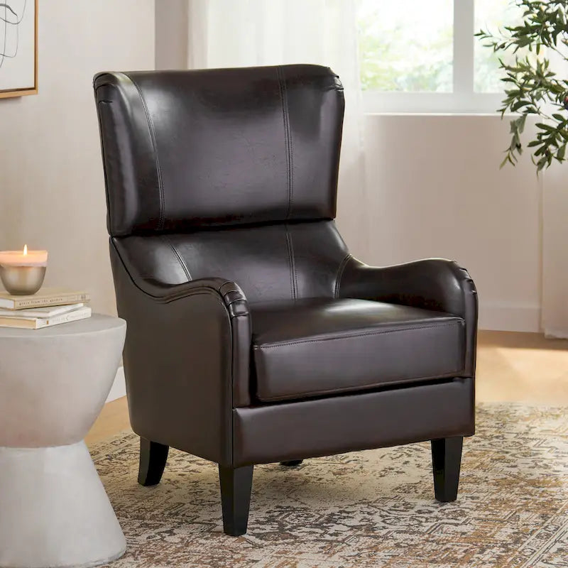 Sillón decorativo de respaldo alto — Marrón / Carbón / Azul marino, con orejas, 1 asiento