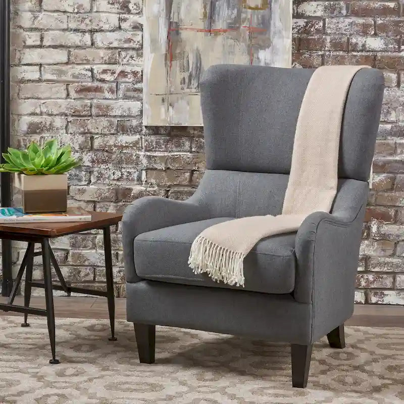 Sillón decorativo de respaldo alto — Marrón / Carbón / Azul marino, con orejas, 1 asiento