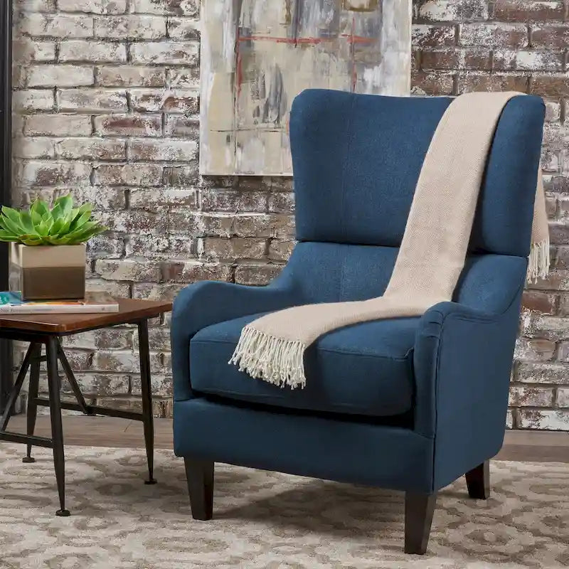 Sillón decorativo de respaldo alto — Marrón / Carbón / Azul marino, con orejas, 1 asiento