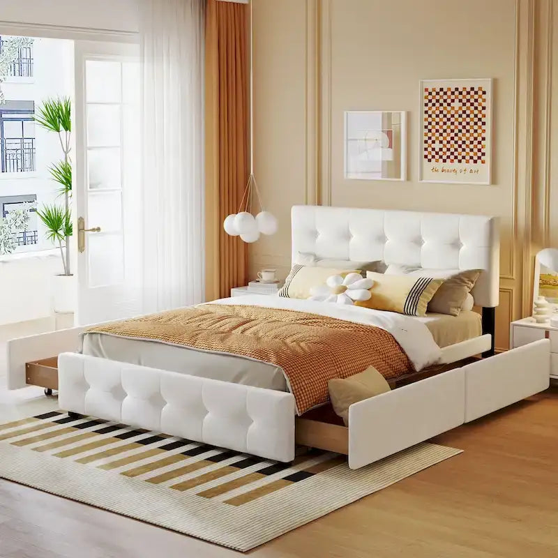 Cama Queen Size con Plataforma Tapizada Capitoné y 4 Cajones — Gris Oscuro / Blanco / Gris Claro / Beige, Para 2