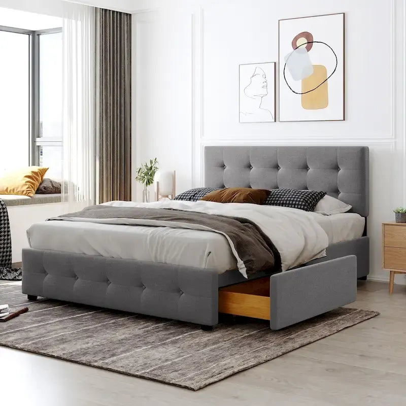 Cama Queen Size con Plataforma Tapizada Capitoné y 4 Cajones — Gris Oscuro / Blanco / Gris Claro / Beige, Para 2