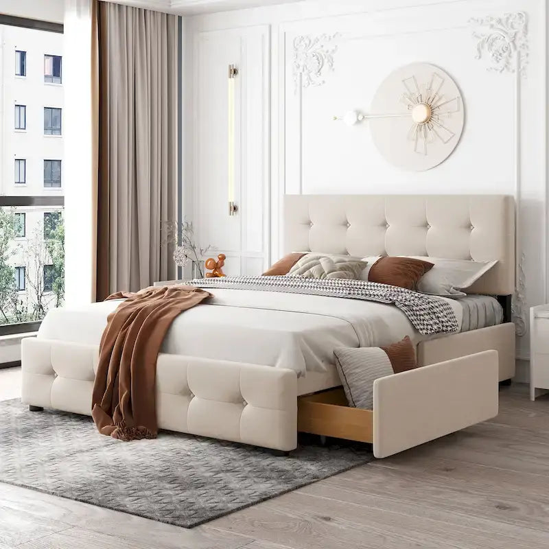 Cama Queen Size con Plataforma Tapizada Capitoné y 4 Cajones — Gris Oscuro / Blanco / Gris Claro / Beige, Para 2