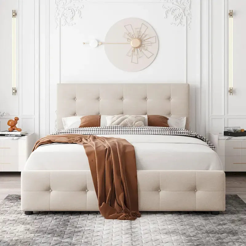 Cama Queen Size con Plataforma Tapizada Capitoné y 4 Cajones — Gris Oscuro / Blanco / Gris Claro / Beige, Para 2