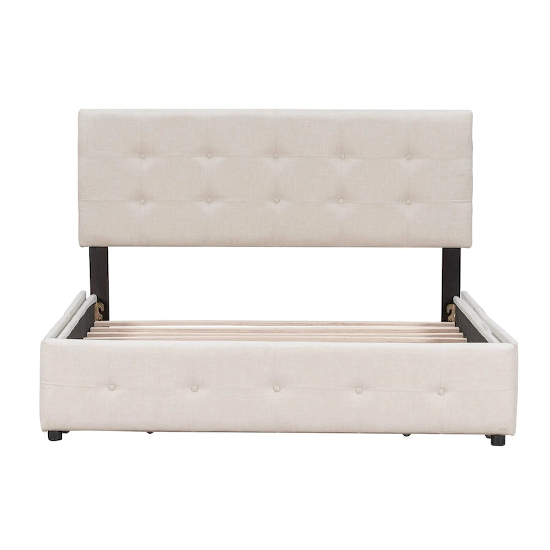 Cama Queen Size con Plataforma Tapizada Capitoné y 4 Cajones — Gris Oscuro / Blanco / Gris Claro / Beige, Para 2