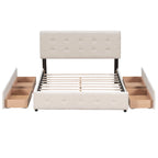 Cama Queen Size con Plataforma Tapizada Capitoné y 4 Cajones — Gris Oscuro / Blanco / Gris Claro / Beige, Para 2