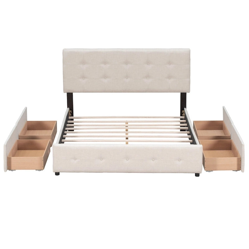 Cama Queen Size con Plataforma Tapizada Capitoné y 4 Cajones — Gris Oscuro / Blanco / Gris Claro / Beige, Para 2