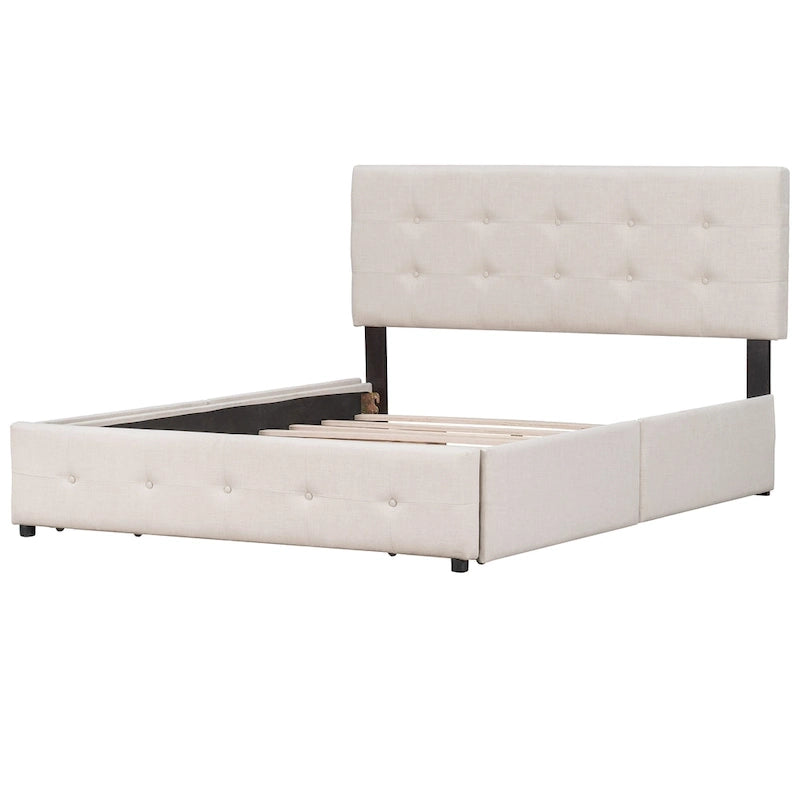 Cama Queen Size con Plataforma Tapizada Capitoné y 4 Cajones — Gris Oscuro / Blanco / Gris Claro / Beige, Para 2