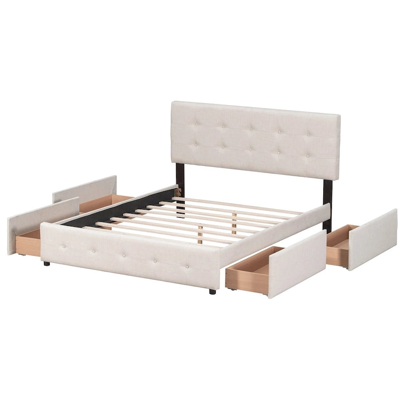 Cama Queen Size con Plataforma Tapizada Capitoné y 4 Cajones — Gris Oscuro / Blanco / Gris Claro / Beige, Para 2