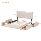 Cama Queen Size con Plataforma Tapizada Capitoné y 4 Cajones — Gris Oscuro / Blanco / Gris Claro / Beige, Para 2