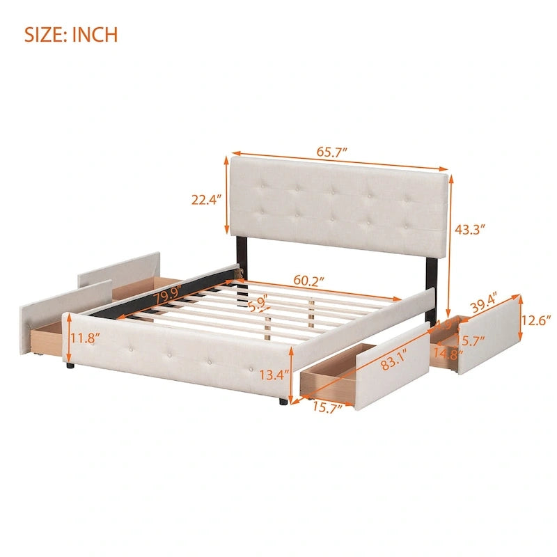 Cama Queen Size con Plataforma Tapizada Capitoné y 4 Cajones — Gris Oscuro / Blanco / Gris Claro / Beige, Para 2
