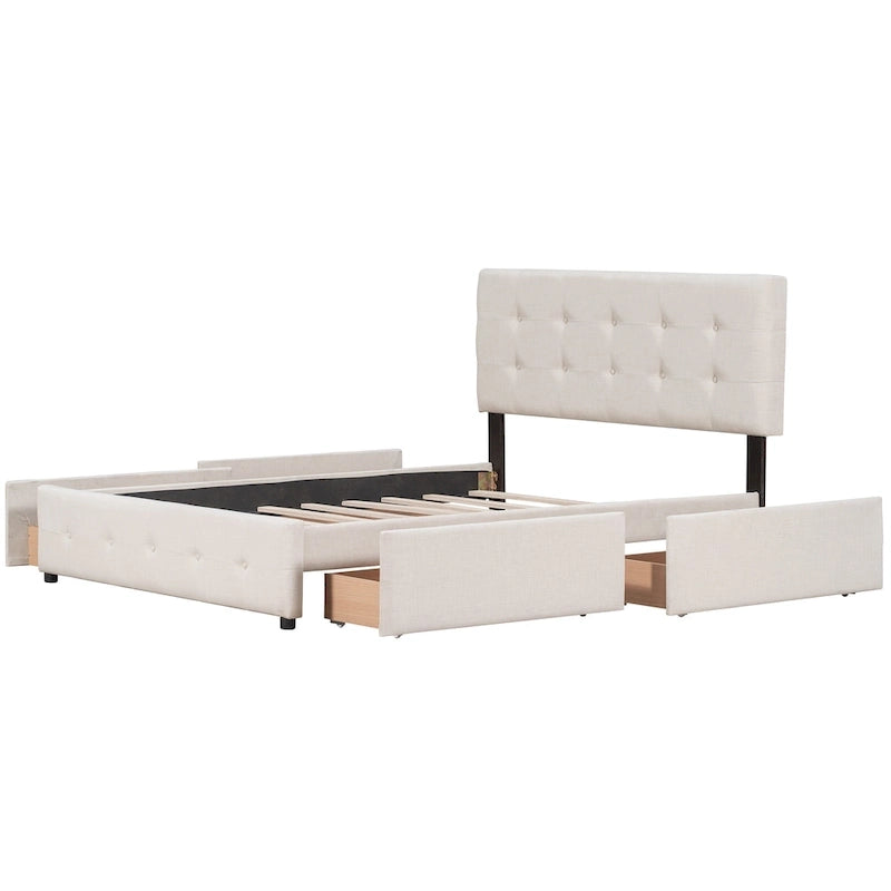 Cama Queen Size con Plataforma Tapizada Capitoné y 4 Cajones — Gris Oscuro / Blanco / Gris Claro / Beige, Para 2