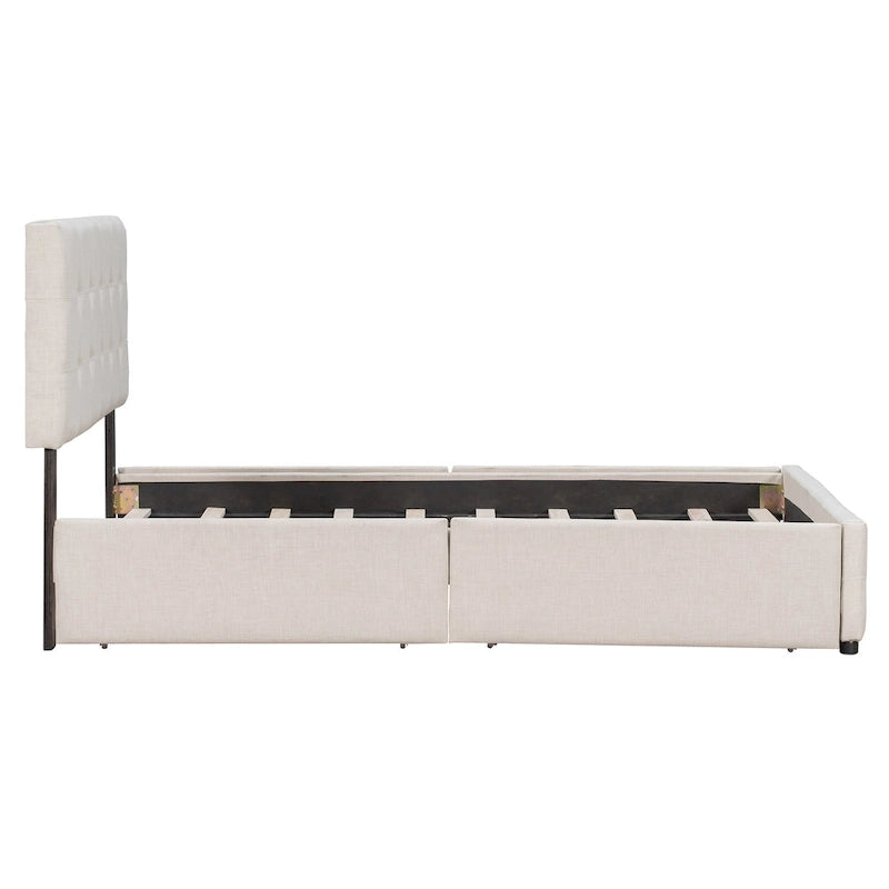 Cama Queen Size con Plataforma Tapizada Capitoné y 4 Cajones — Gris Oscuro / Blanco / Gris Claro / Beige, Para 2