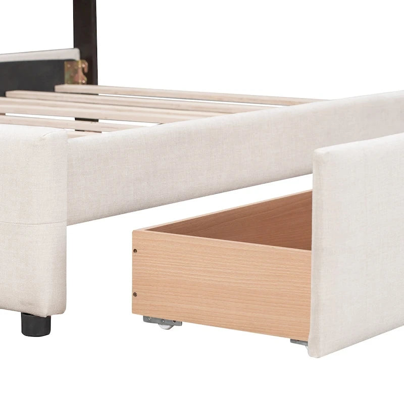 Cama Queen Size con Plataforma Tapizada Capitoné y 4 Cajones — Gris Oscuro / Blanco / Gris Claro / Beige, Para 2
