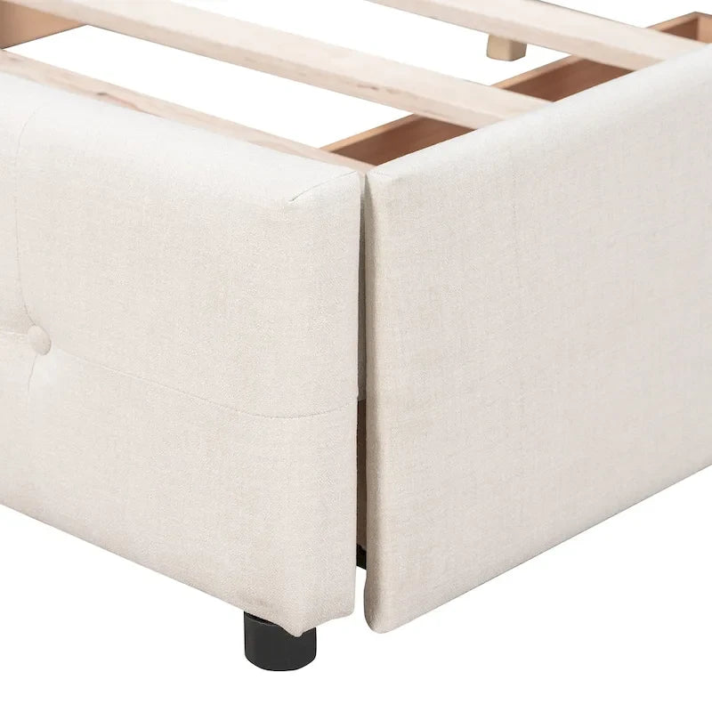 Cama Queen Size con Plataforma Tapizada Capitoné y 4 Cajones — Gris Oscuro / Blanco / Gris Claro / Beige, Para 2