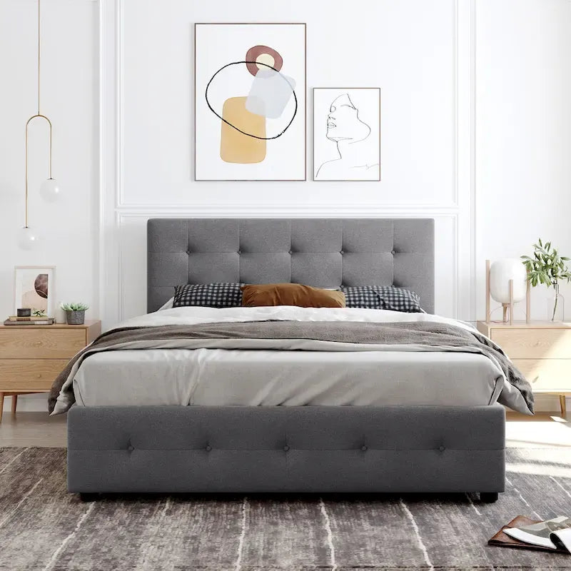 Cama Queen Size con Plataforma Tapizada Capitoné y 4 Cajones — Gris Oscuro / Blanco / Gris Claro / Beige, Para 2