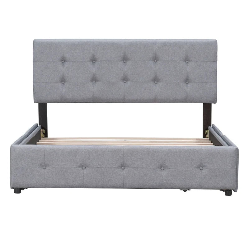 Cama Queen Size con Plataforma Tapizada Capitoné y 4 Cajones — Gris Oscuro / Blanco / Gris Claro / Beige, Para 2