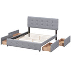 Cama Queen Size con Plataforma Tapizada Capitoné y 4 Cajones — Gris Oscuro / Blanco / Gris Claro / Beige, Para 2