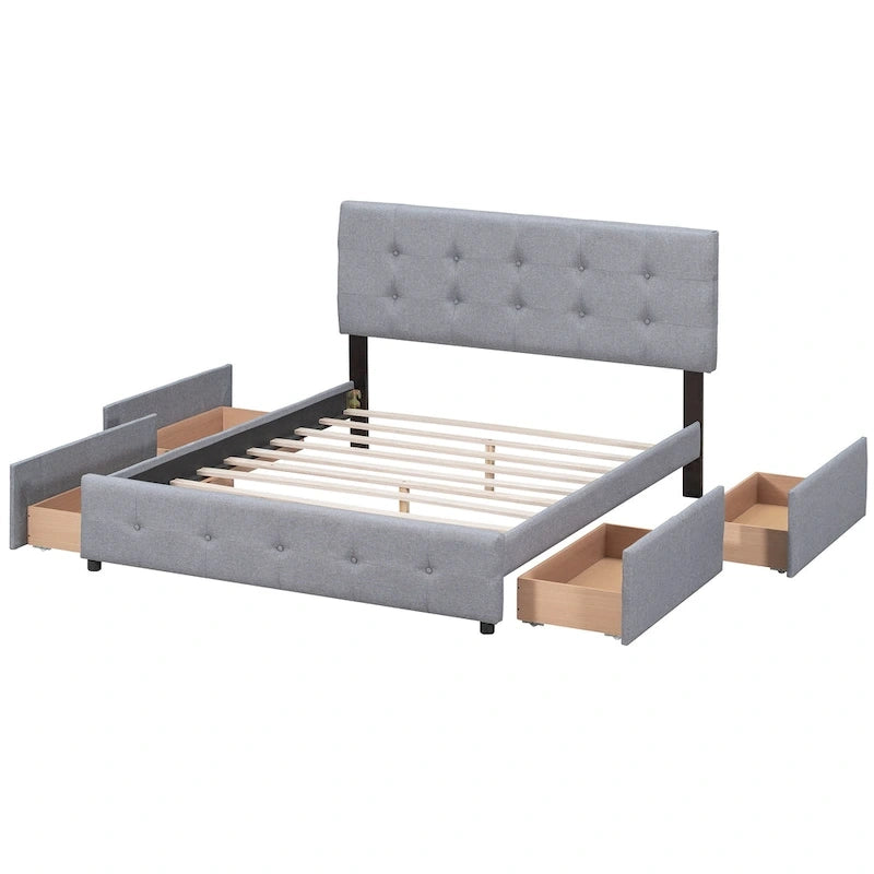 Cama Queen Size con Plataforma Tapizada Capitoné y 4 Cajones — Gris Oscuro / Blanco / Gris Claro / Beige, Para 2