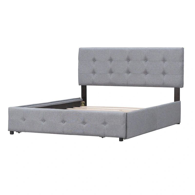 Cama Queen Size con Plataforma Tapizada Capitoné y 4 Cajones — Gris Oscuro / Blanco / Gris Claro / Beige, Para 2