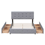 Cama Queen Size con Plataforma Tapizada Capitoné y 4 Cajones — Gris Oscuro / Blanco / Gris Claro / Beige, Para 2