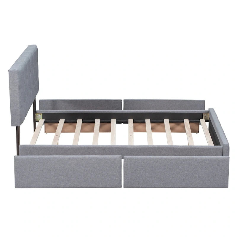 Cama Queen Size con Plataforma Tapizada Capitoné y 4 Cajones — Gris Oscuro / Blanco / Gris Claro / Beige, Para 2
