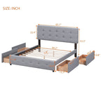 Cama Queen Size con Plataforma Tapizada Capitoné y 4 Cajones — Gris Oscuro / Blanco / Gris Claro / Beige, Para 2