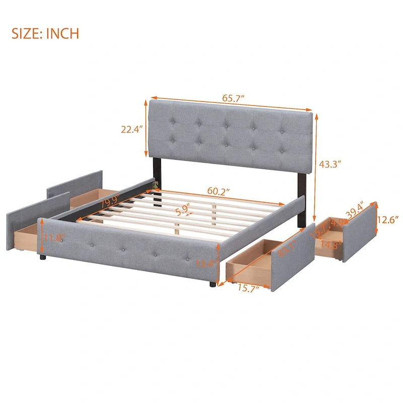 Cama Queen Size con Plataforma Tapizada Capitoné y 4 Cajones — Gris Oscuro / Blanco / Gris Claro / Beige, Para 2