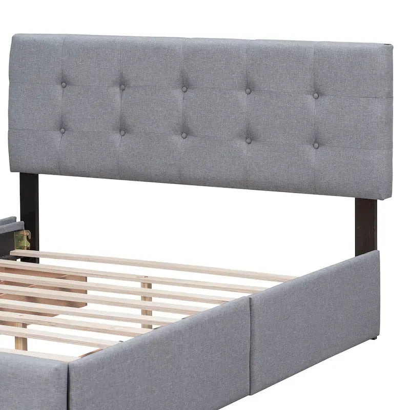 Cama Queen Size con Plataforma Tapizada Capitoné y 4 Cajones — Gris Oscuro / Blanco / Gris Claro / Beige, Para 2
