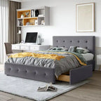 Cama Queen Size con Plataforma Tapizada Capitoné y 4 Cajones — Gris Oscuro / Blanco / Gris Claro / Beige, Para 2