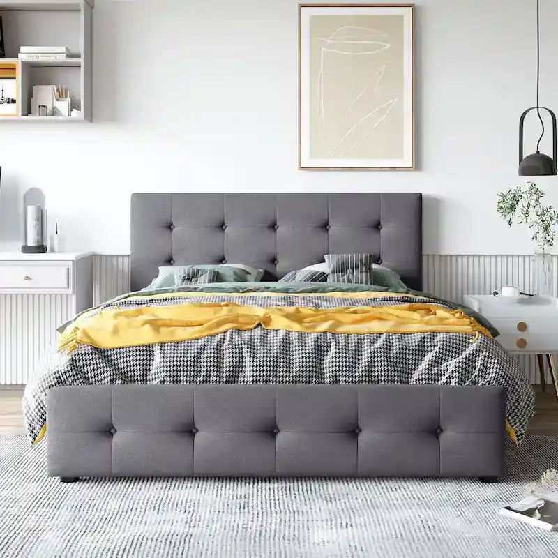 Cama Queen Size con Plataforma Tapizada Capitoné y 4 Cajones — Gris Oscuro / Blanco / Gris Claro / Beige, Para 2