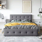 Cama Queen Size con Plataforma Tapizada Capitoné y 4 Cajones — Gris Oscuro / Blanco / Gris Claro / Beige, Para 2